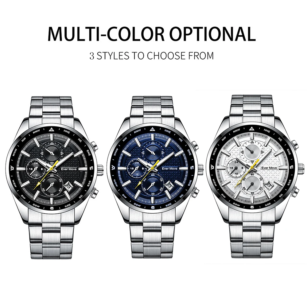 Ever Move 2023 Quartz Watches Top Luxury Brand Waterproof Sport Stainless Steel Luminous Male Gift Wristwatch Relogio Masculino