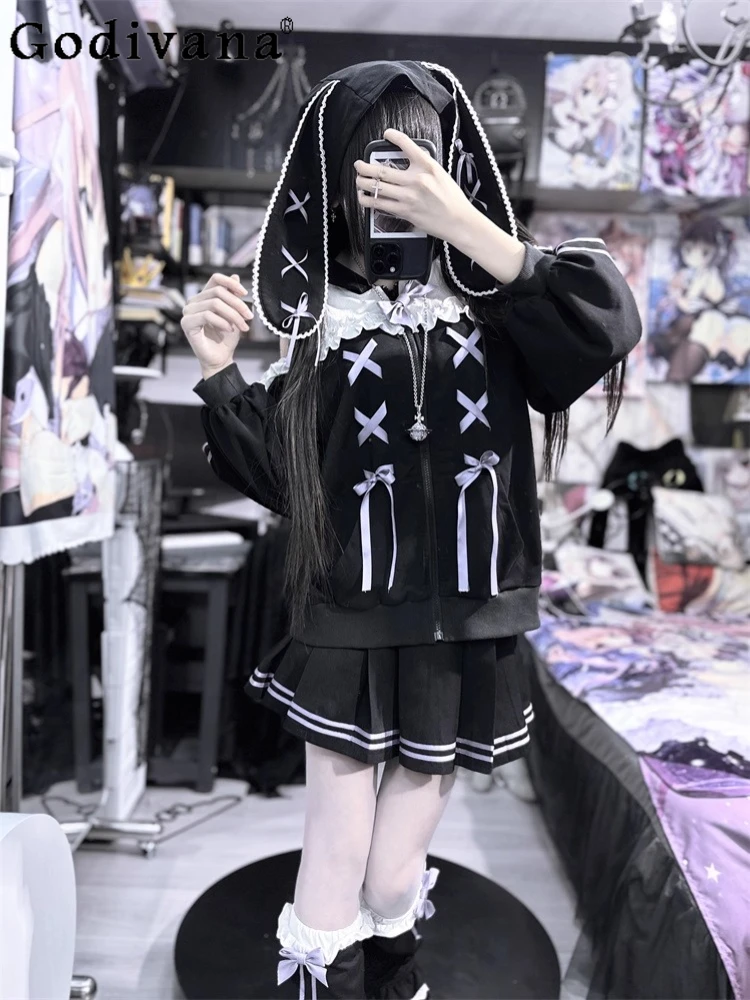 

Original Subculture Sweet Cool Kawaii Zip Cardigan Jacket Mini Skirt 2-Piece Set Autumn New Soft Girls Y2K Rabbit Ears Bow Coats