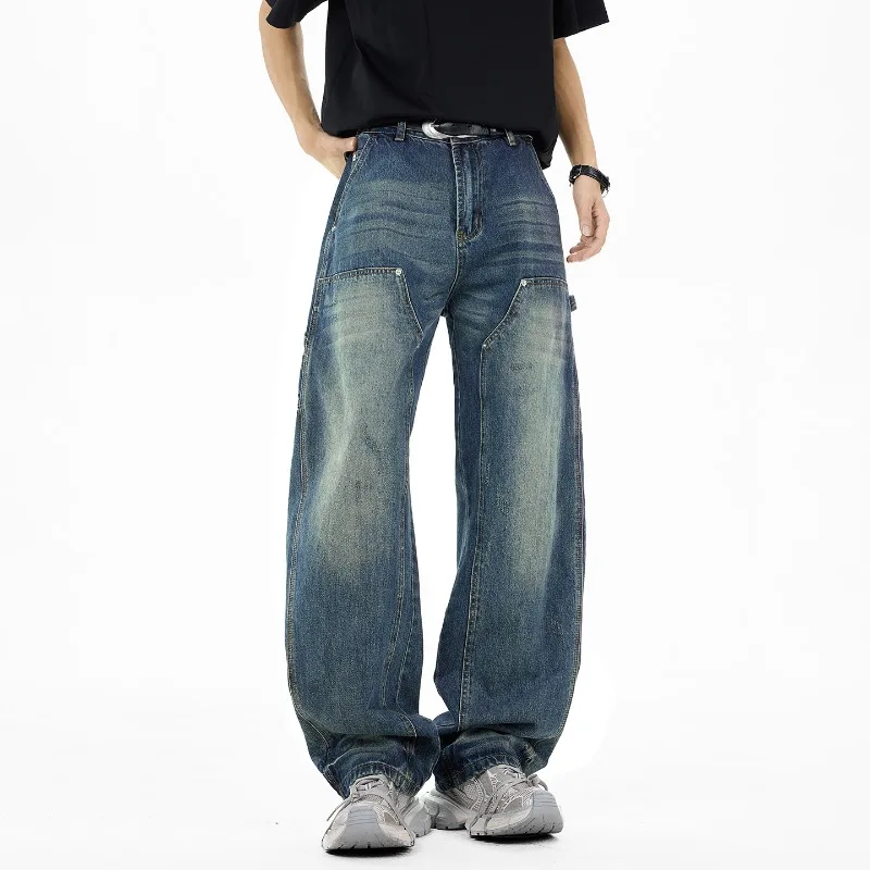

High End Men's Wide Leg Denim Pants European Casual Workwear Style Utility Pocket Vintage Wash Relaxed Fit Jeans
