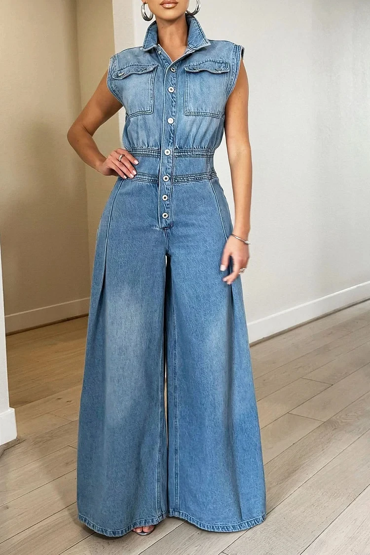 Plus Size Daily Blue Shirt Collar Button Pleated Wide Leg Denim Jumpsuits