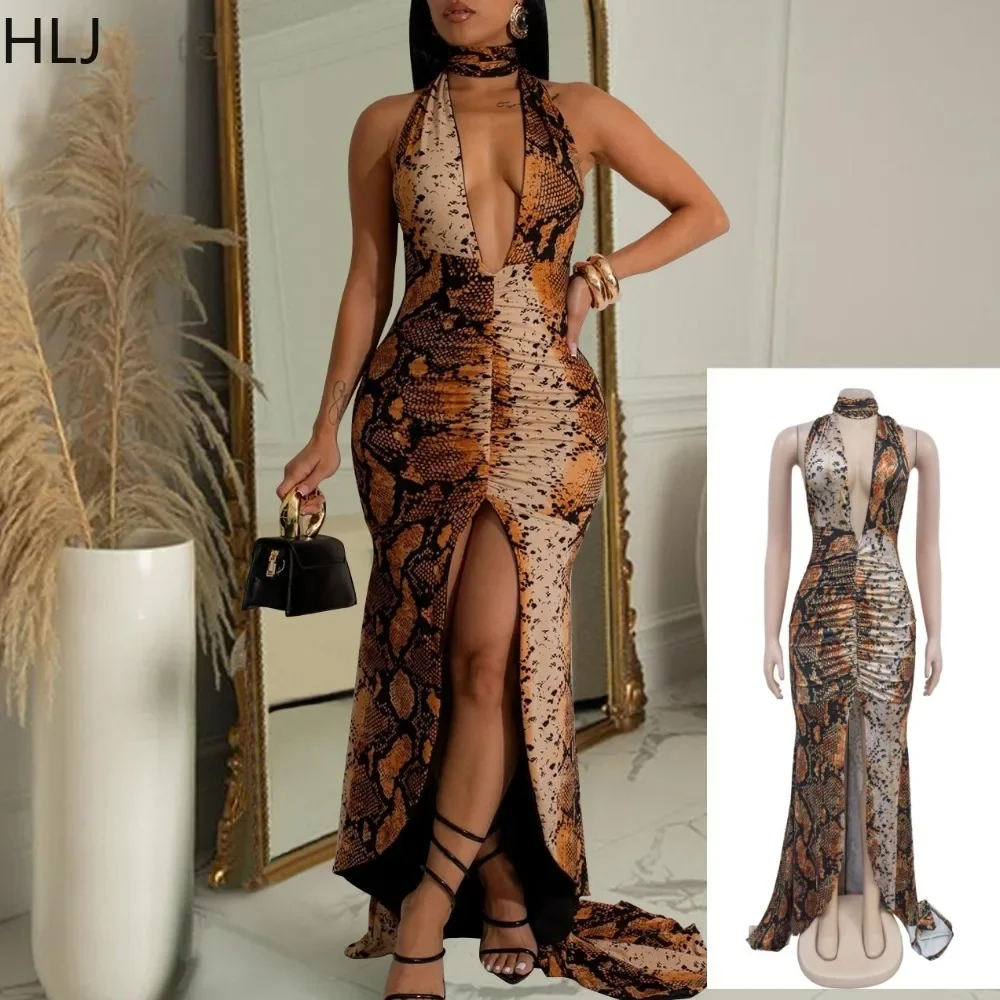 

HLJ Sexy High Slit Ruched Long Dress Women Deep V Halter Snaker Leopard Printed Ladies Vintage Evening Party Club Vestidos New