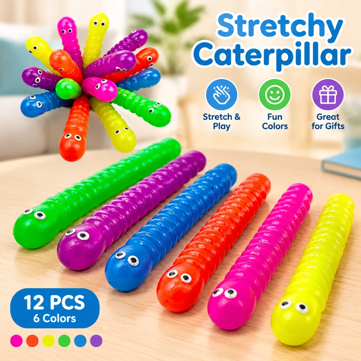 12 Pcs Stretchy Caterpillar Toys, 6 Bright Colors, Bendable Wiggly Fidget Toys for Kids Party Favors and Gift Bags