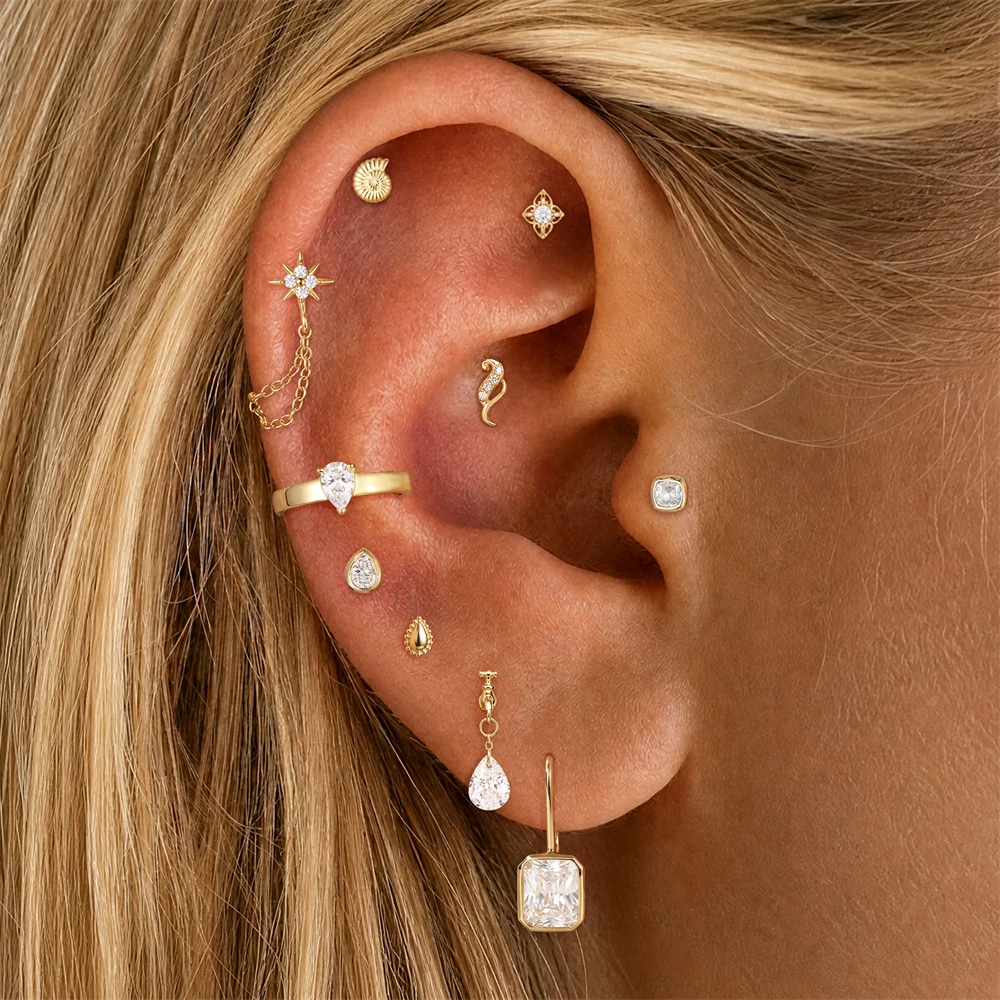 AIDE 925 Sterling Silver Smooth Flower Vine/Heart CZ Women's Cartilage Helix Tiny Star/ Horse Eyes Crown Piercing Jewelry Gifts