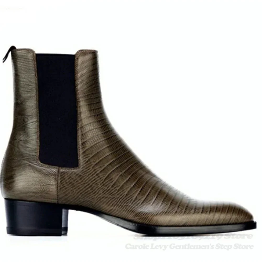 Handmade High Top Pattern Genuine Leather Men Boots Luxury Pointed Toe Slip On Thick Heel Chelsea Boot Banquet Party Boot
