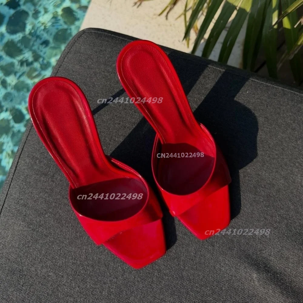 Women's Red Patent Leather Pointed Toe Slingback High Heels Mules Open Toe Stiletto Heel Slippers Elegant Party Summer Shoes