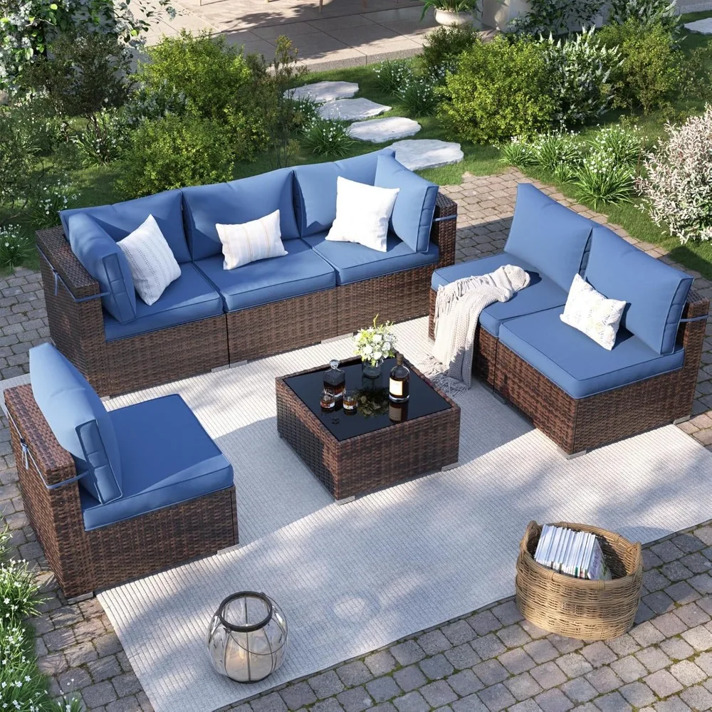 

Patio Furniture Set, 7 Piece Outdoor Sectional with Waterproof Cover, All-Weather Wicker Patio Conversation Sets for Backyard