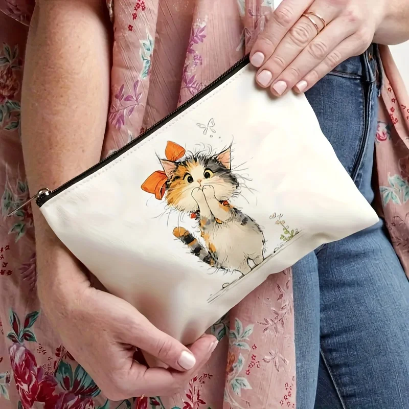 1pc Cat Lover'S Delight  Double-Sided Print Makeup Bag Large Capacity Lightweight Zipper Pouch with Playful Tabby Cat Design Bag