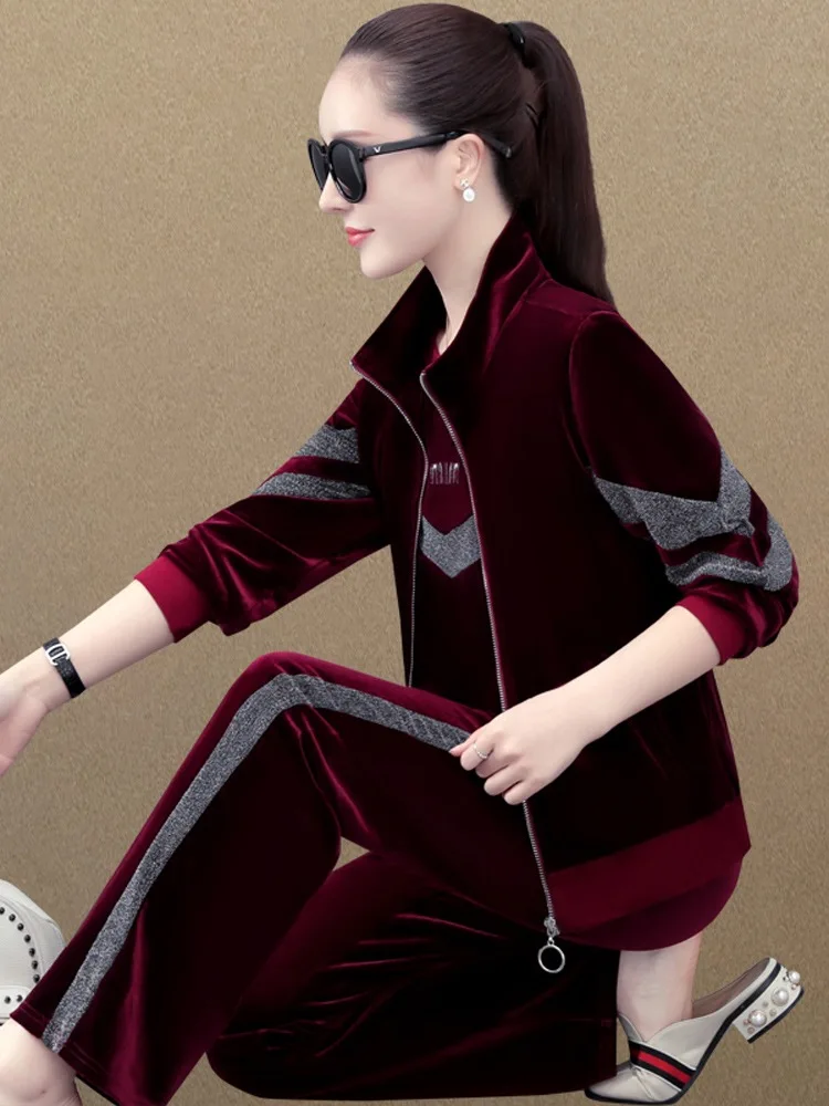 Golden Velvet Sports Set Women's Spring and Autumn Loose Long Sleeve Casual Wide Leg Pants Three Piece Set