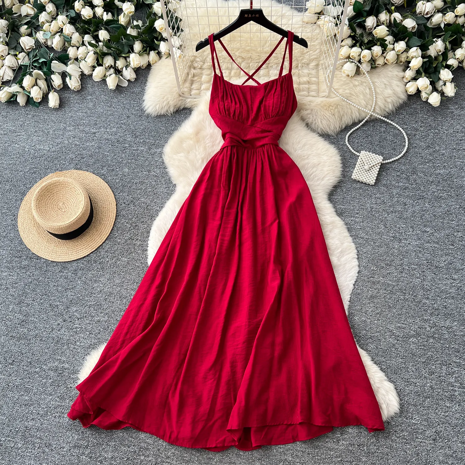 backless bandage  Spaghetti Strap Slip Dress Women High Waist Slim Elegant A Line midi Dress Vacation dress