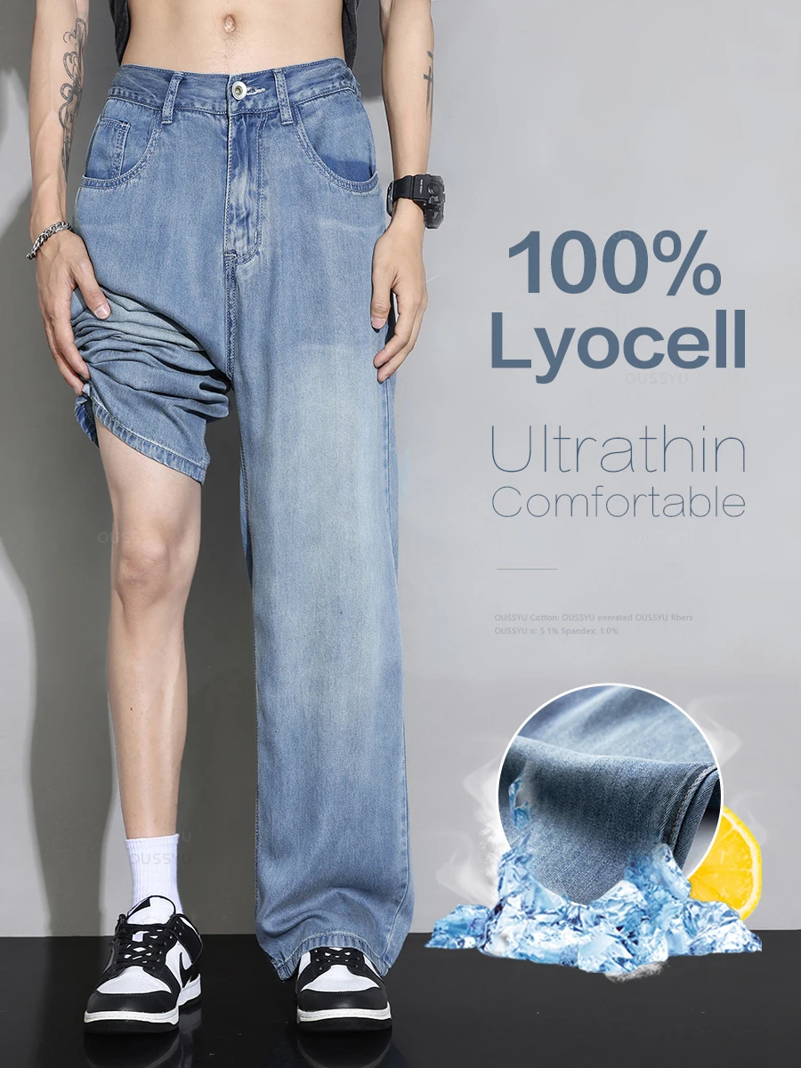 Letnie wysokiej jakości przytulne miękkie 100% Lyocell Jeans męskie spodnie dżinsowe z elastyczną talią Korea luźne, proste, niebieskie spodnie na