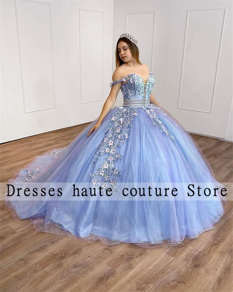 2022 قبالة الكتف فساتين Quinceanera الأميرة مشد فستاين سهرة/فساتين الحفلات ثلاثية الأبعاد الزهور الدانتيل الحلو 16 فستان عيد ميلاد Vestido 15 Años