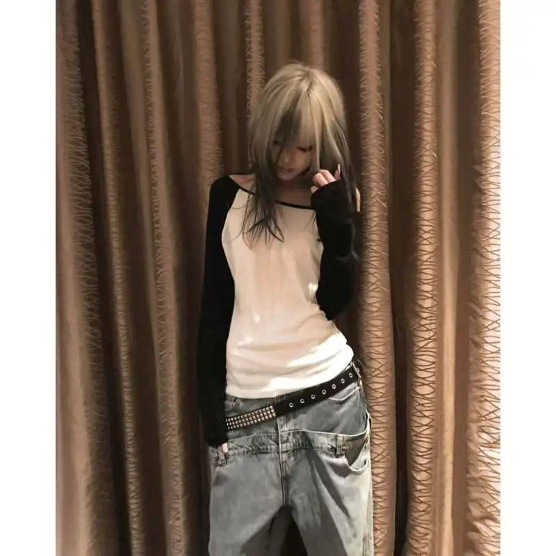 Color Block Cold Shoulder Boat Neck Long Sleeve Shirts Y2K Grunge Slim Fit Basic Blouse