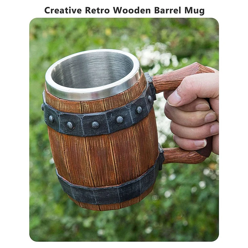 Mug Coffee Cup Tea Cup,Personalized Imitation Wooden Barrel With Leather Handle,Largecapacity Bar Mug Drinking Cup 600Ml