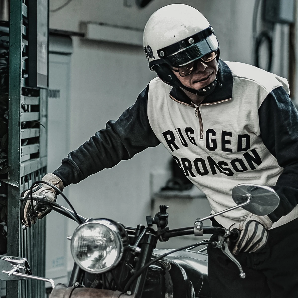 Rugged Bronson Heavyweight Vintage Motorcycle Racing Jersey 1/2 Zip Biker Sweatshirt