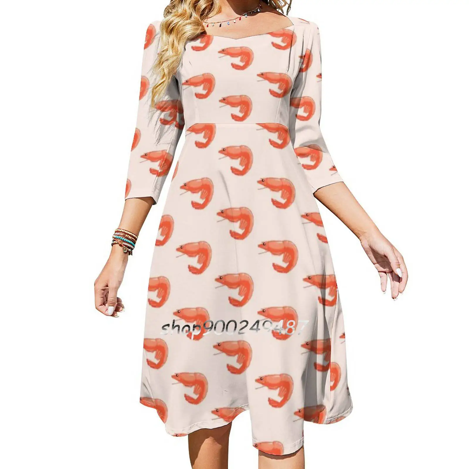 

Boiled Shrimp Square Neck Dress Cute Loose Print Dresses Elegant Beach Party Dress Shrimp Seafood Crustacean Pink Boiled Food