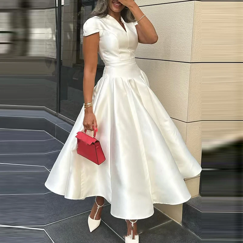 Elegant V-Neck Pure Pleated French Dress Woman Sexy High Waist Ball Gowns Dresses Summer Petal Sleeve A-Line Long Dress Vestidos