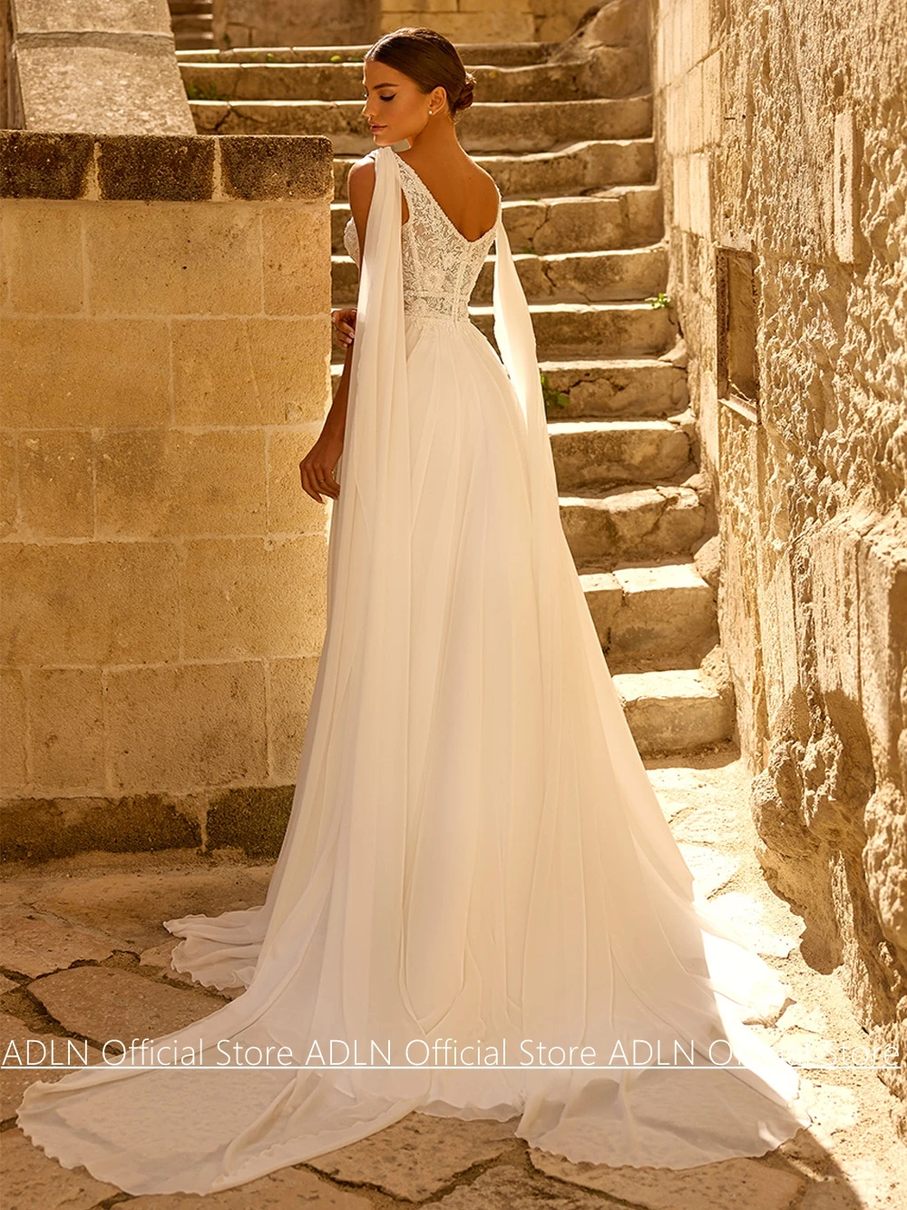Customized Wedding Dress Sparkling V Neck Sleeveless Beading Sequined Applique Sweep Train Split Bridal Gown with Cape