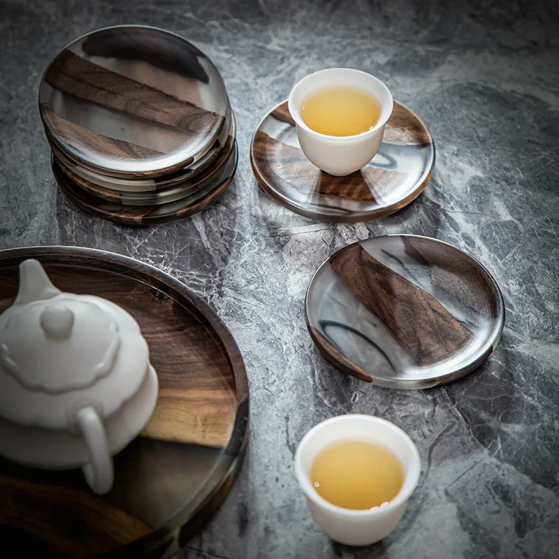 Insulated Wooden Tray Walnut Frame Resin Coaster Ink Nordic Style Tea Cup Holder Epoxy Resin Pot Holder Insulation Pad