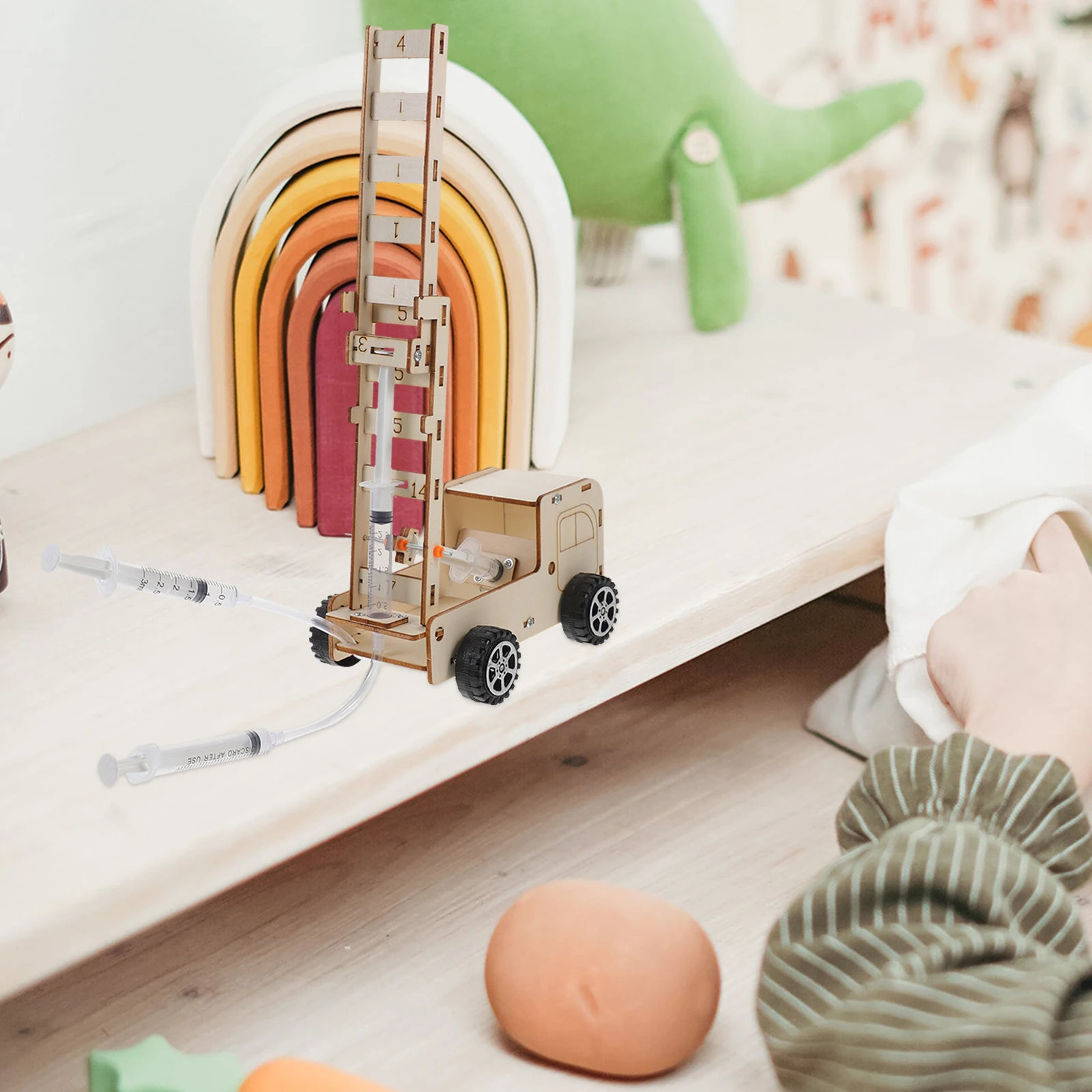 1 Juego de camión con escalera de fuego Diy, Kit de experimentos científicos educativos de madera para niños, ensamblaje desmontable portátil, rompecabezas, construcción de vástago