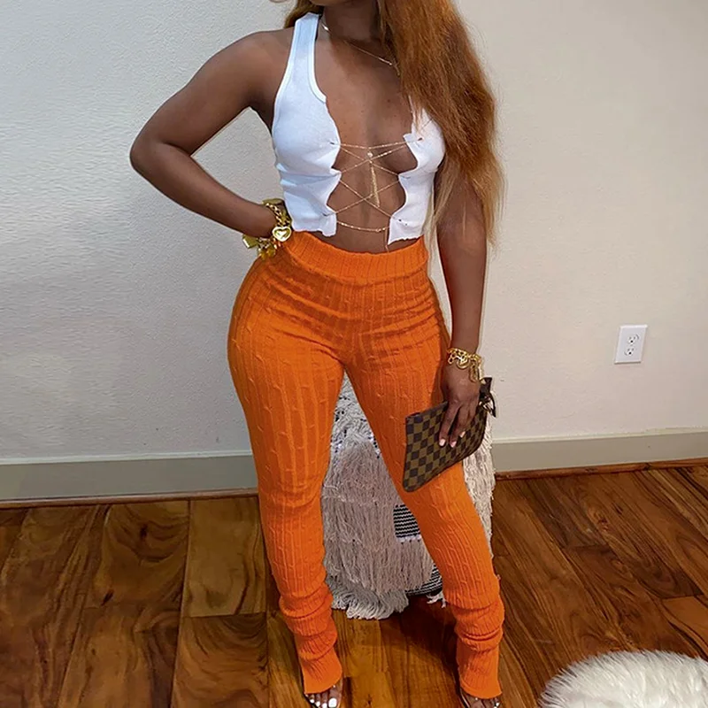 المرأة محبوك تويست منتصف الخصر Pants غير رسمية ، الجانب مفتوحة ضيق السراويل الرياضية ، أحادية اللون ، الخريف والشتاء