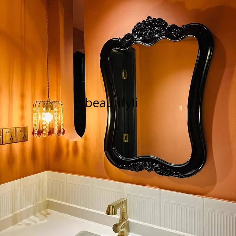 

French engraved bathroom mirror wall hanging home living room light luxury retro decoration bathroom smart makeup mirror