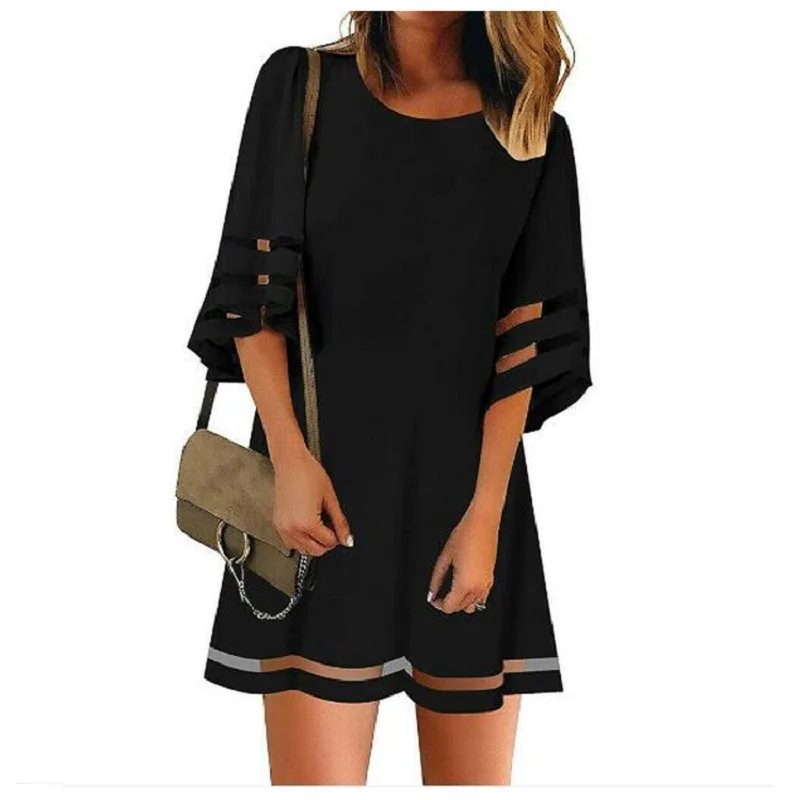 

Women Y2K summer Casual Crewneck Mesh Panel 3/4 Bell Sleeve Loose Tunic cute Fit Dress easy to wear pretty and comfortable