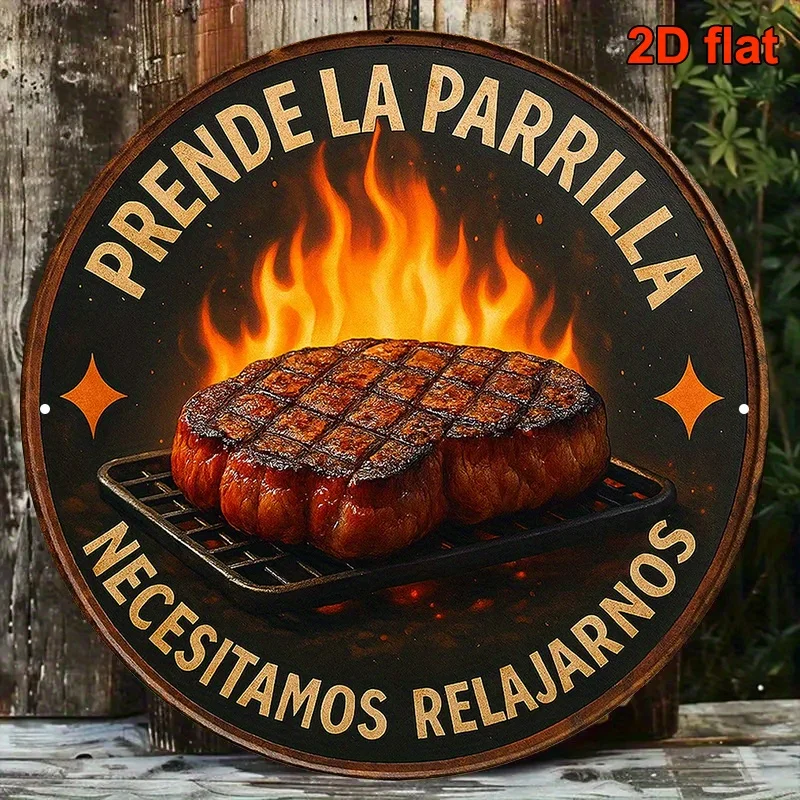 2D Flat, 1pc, 8x8 Inch Round Spanish Aluminum Sign, Vintage Decorative Plaque for "Asado" (Spanish Barbecue), Suitable for Decor