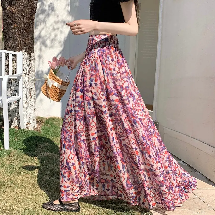 

Qiukichonson French Chic Floral Long Skirts Womens Maxi Skirt 2026 Spring Summer Goth Lolita High Waisted Ruffle Pleated Skirts