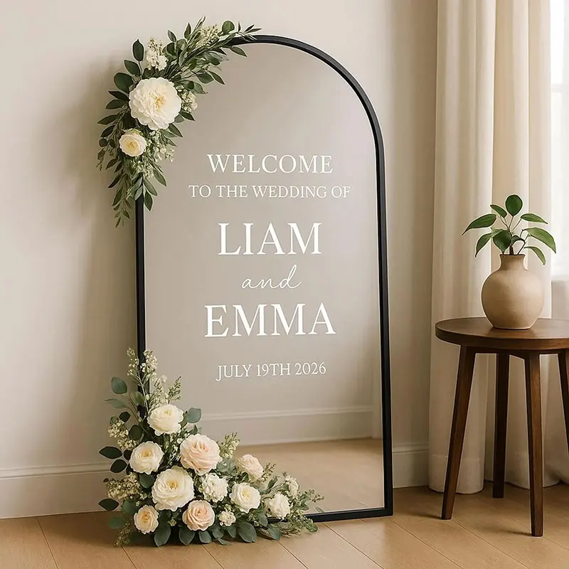 Personalised Wedding Name Mirror Decal, Custom Welcome Sign Sticker, Elegant Vinyl Decal Ceremony Reception, Wedding Decor Q143