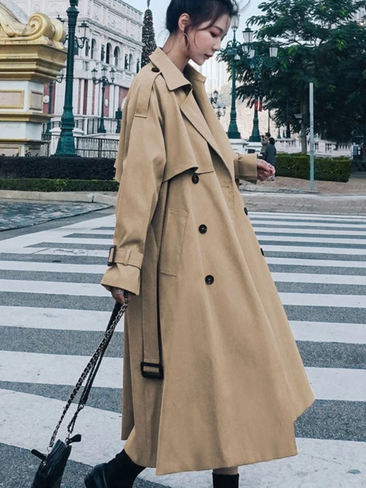 2023 Spring Fall Khaki Long Trench Coats For Women Elegant Korean Loose Overcoats Casual Fashion Streetwear Windbreaker