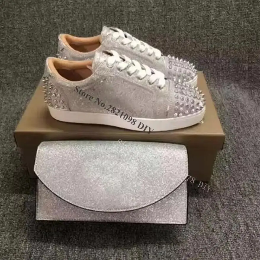 Prateado plano rebite rendas até sapatos casuais feminino design de embreagem tênis de cristal dedo do pé redondo conciso casal metálico glitter sapato