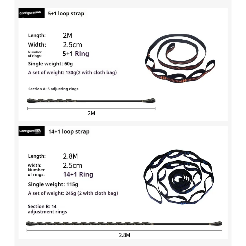 สายรัดเปล2ชิ้นสายรัดพิเศษทำจากโพลีเอสเตอร์เสริมแรงวงแหวน5/14รับน้ำหนักได้มากสายรัดเปลตั้งแคมป์กลางแจ้งสีดำ