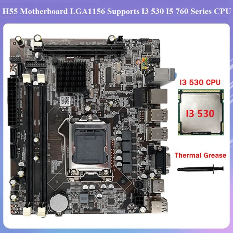 Placa base H55 LGA1156 compatible con CPU serie I3 530 I5 760, placa base de ordenador con memoria DDR3 + CPU I3 530 + grasa térmica