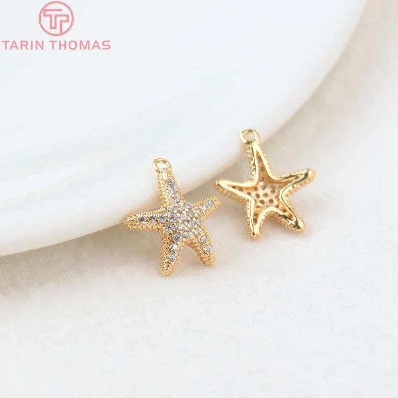 (1424) 4PCS 14x13MM 24K Gold Color Brass and Zircon Starfish Charms Pendants High Quality Diy Jewelry Findings Accessorie