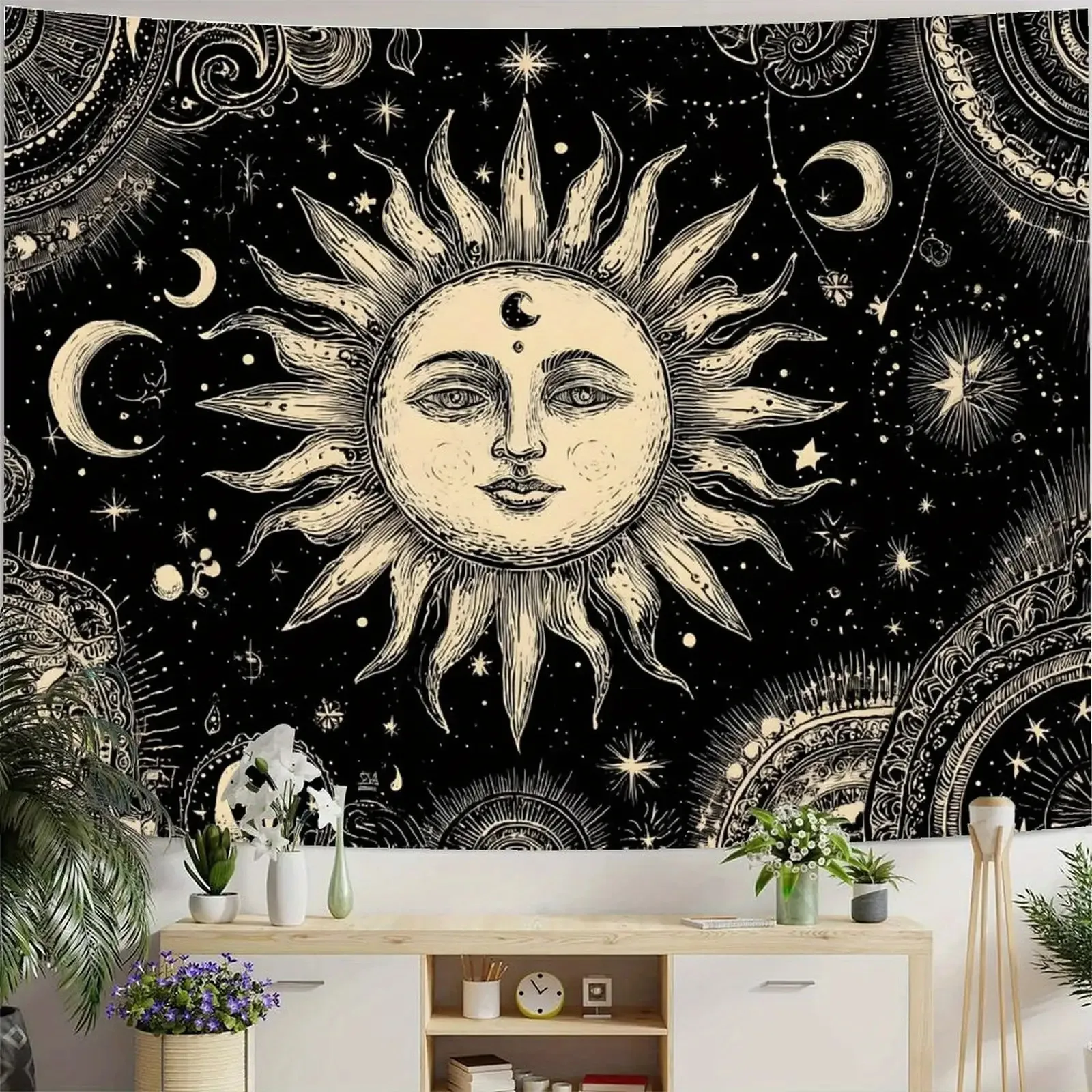 FAXDONG Tapiz Vintage Bohemio en Blanco y con Mandala - Gran Colgante de Pared del Sol, Luna & Estrellas Intrincados Patrones Má