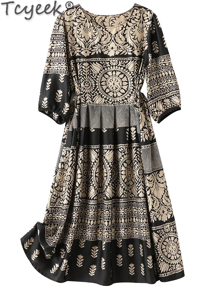 92% Tcyeek Mulberry Silk Woman Clothes New Print Spring Summer Elegant es for Women 2024 Vintage Midi Dress