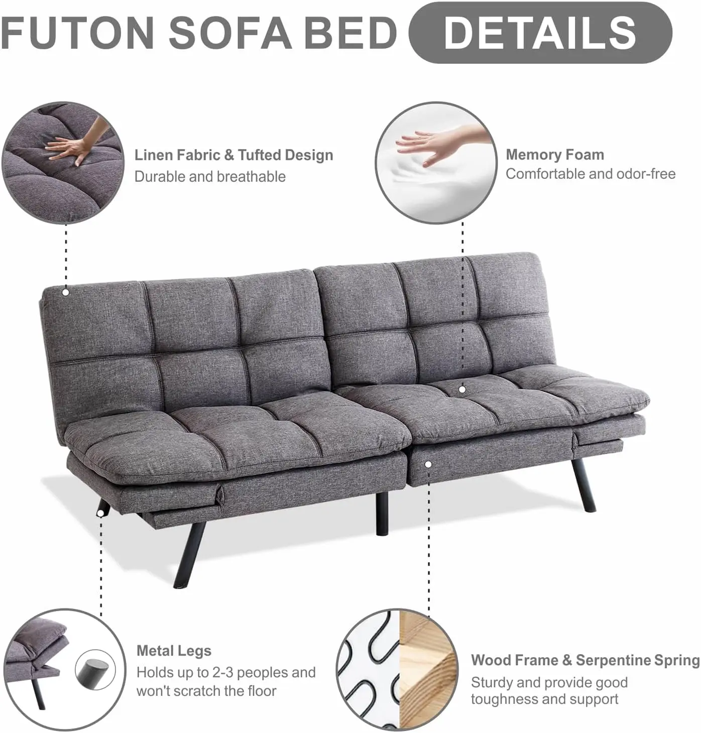 Qaiioo-Modern Futon Sofá-cama, Memory Foam Sleeper, cama conversível com braços ajustáveis e encosto