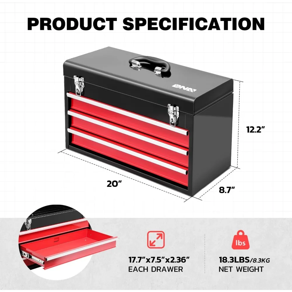 Tragbarer 20-Zoll-Werkzeugkasten aus Stahl mit 3 Schubladen und oberem Stauraum, abschließbaren Riegeln für den Heim- und Werkstattgebrauch