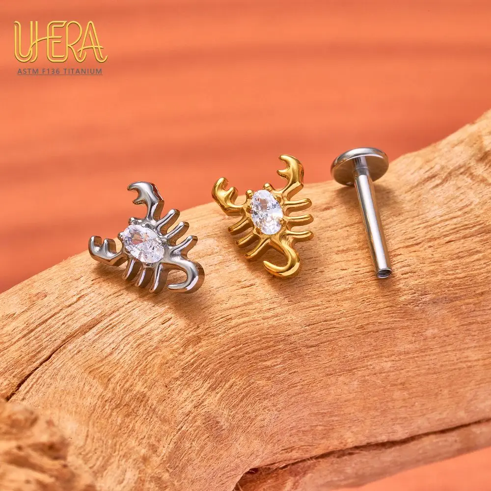 G23 ASTM F136 Titanium Labret Stud Internal Thread 16G CZ Flat Back Scorpion Dragon Lip Tragus Helix Ear Piercing Jewelry