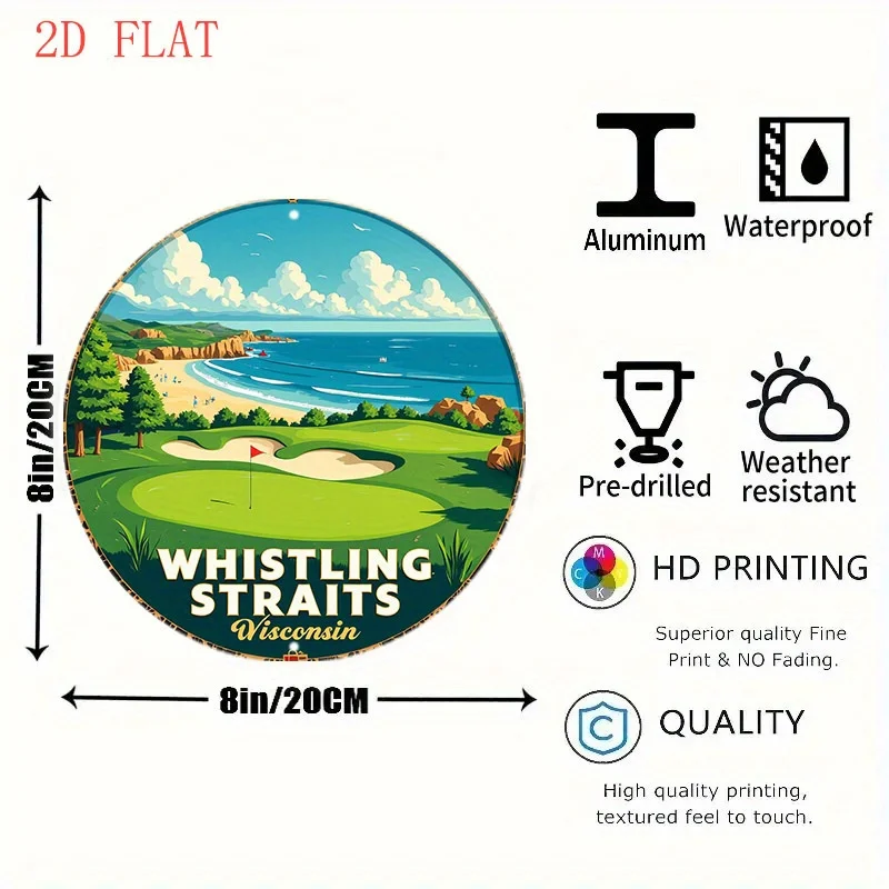 [2D Flat] 1pc an 8-Inch Round Sign Featuring The Whistling Straits Golf Course, Showcasing Ocean Views And Beautiful Landscapes,