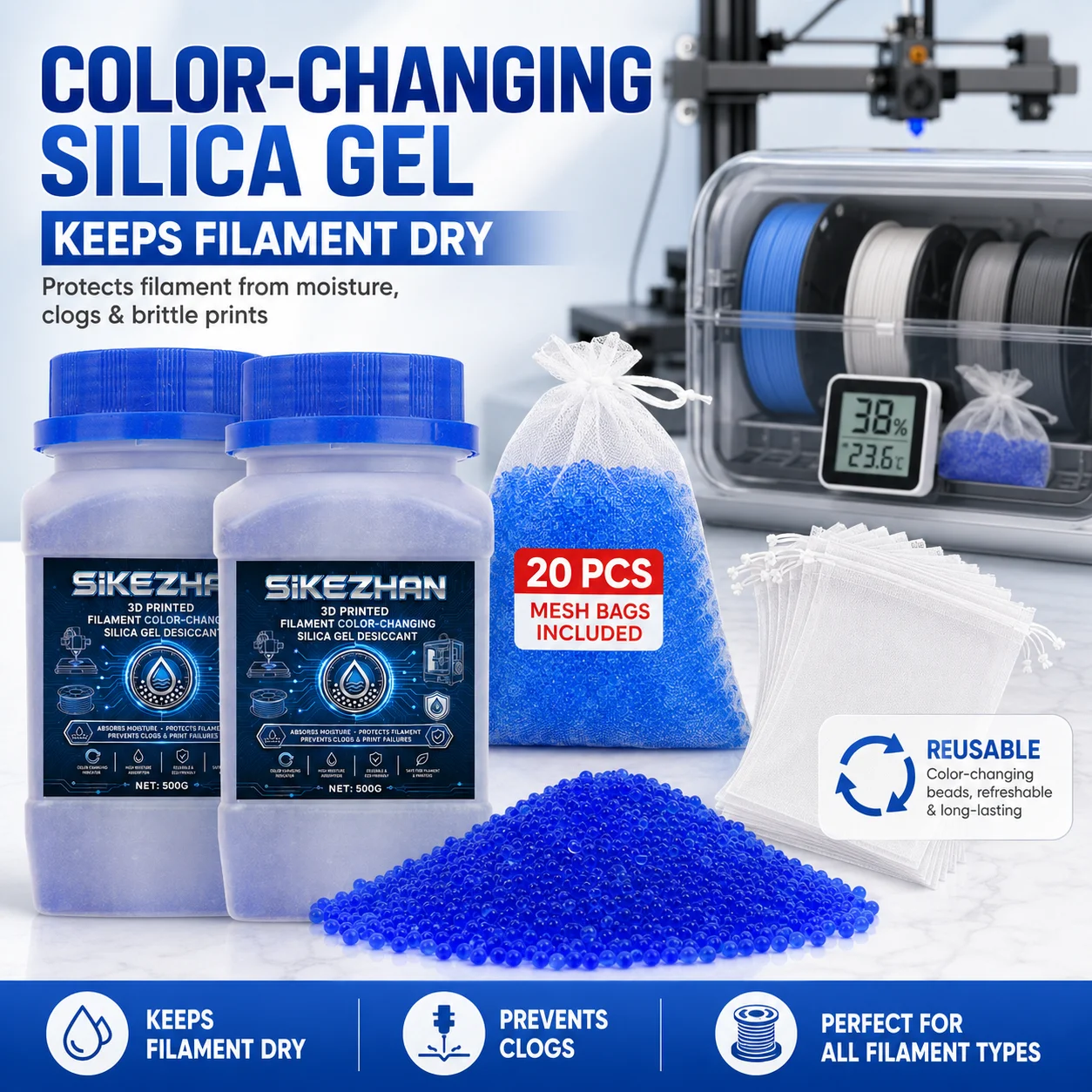 

3D Printer Filament Silica Gel Desiccant 1000g, Color Changing Moisture Absorber with 20 Mesh Bags for PLA PETG ABS TPU