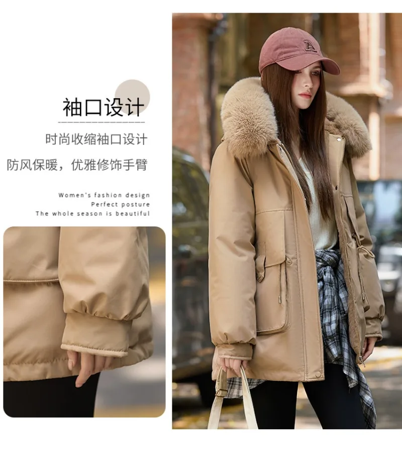 2026 Winter Jacket New Women Parka Clothes Mid Length Coat Wool Liner Hooded Jacket Fur Collar Thick Warm Snow Wear Padded Parka
