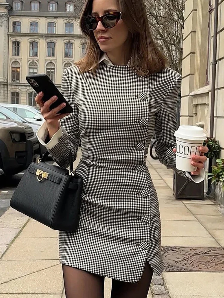 

Vintage Women Elegant Slim Plaid Dresses 2025 Fashion Ladies Houndstooth Fake Two Piece Set Dress for Party Female Chic Clothes