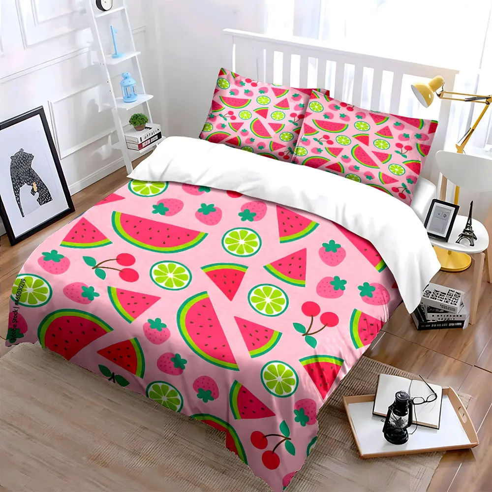 Watermelon and lemon fruit pattern Bedding Set for Kids Luxury Gift 3pcs Digital Print Comforter Set Soft Comfortable Breathable