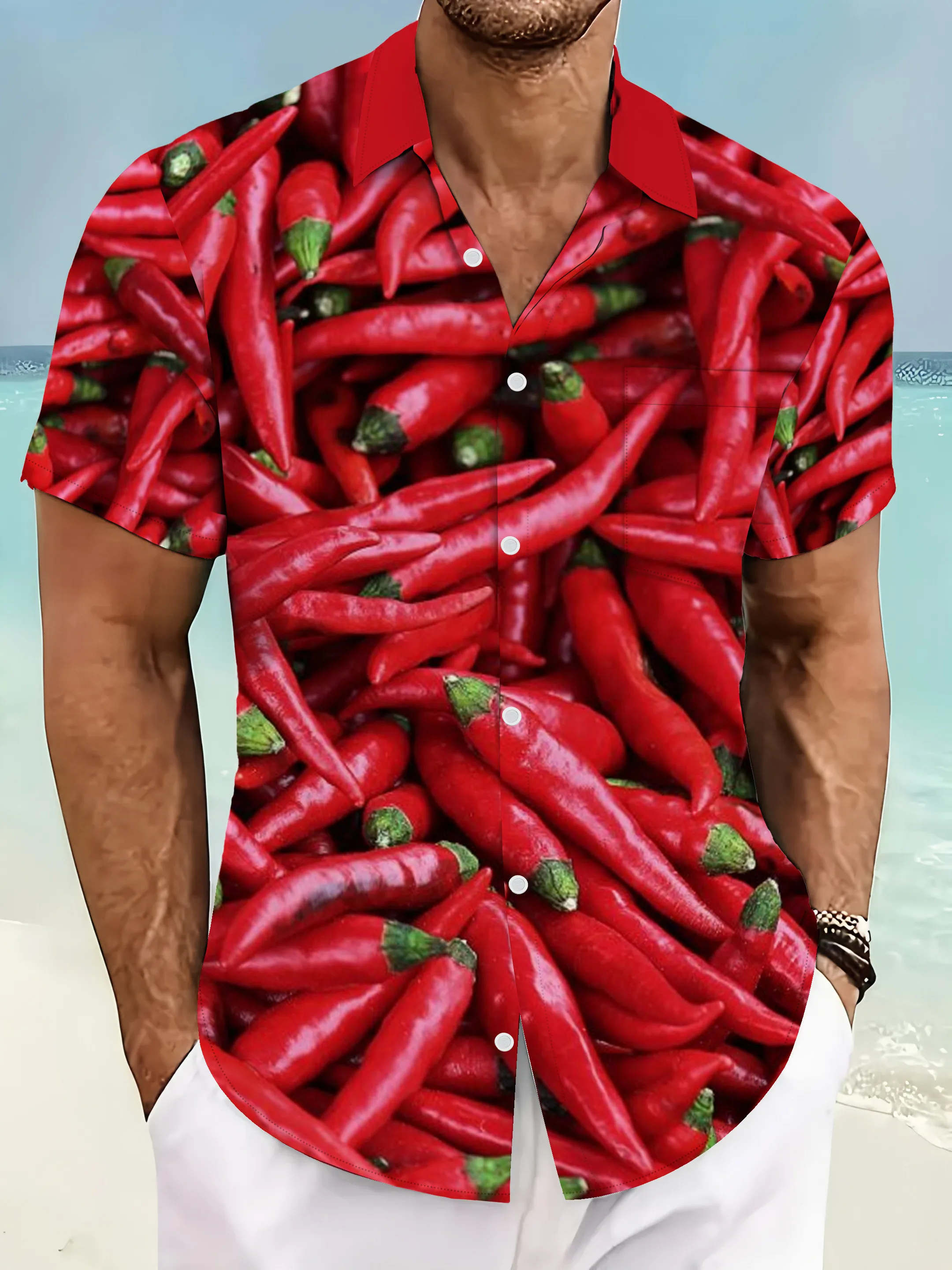 

2026 Summer New Fun Chili Vegetable Print Men's Oversized Loose Quick Drying Shirt Casual Outdoor Sports T-shirt Shirt