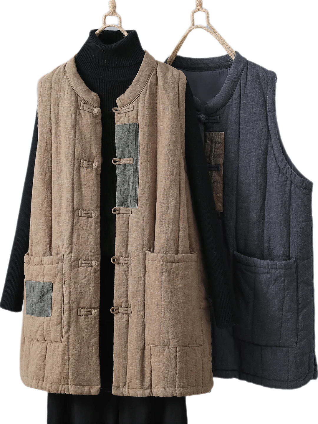 Rompi Wanita Musim Dingin Bahan Katun Linen Tebal Retro Kancing Hangat Kerah Bulat Lengan Panjang Warna