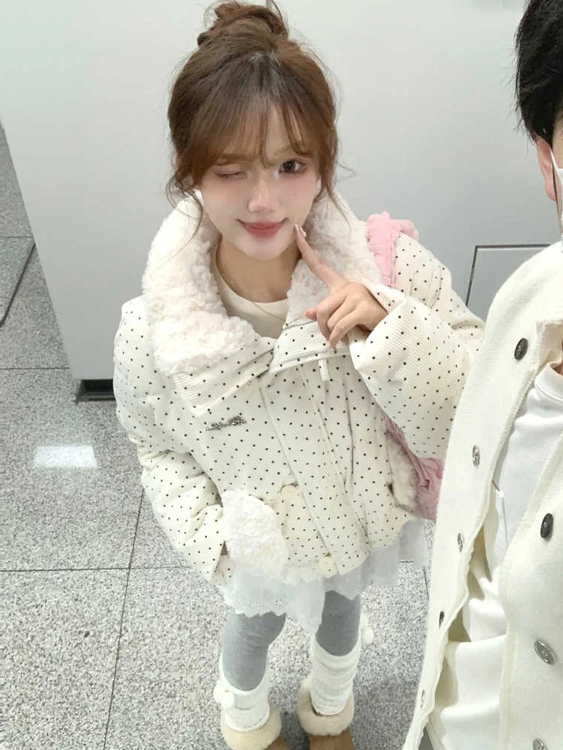 

Корейская модная женская зимняя теплая короткая куртка-пуховик в горошек из хлопка