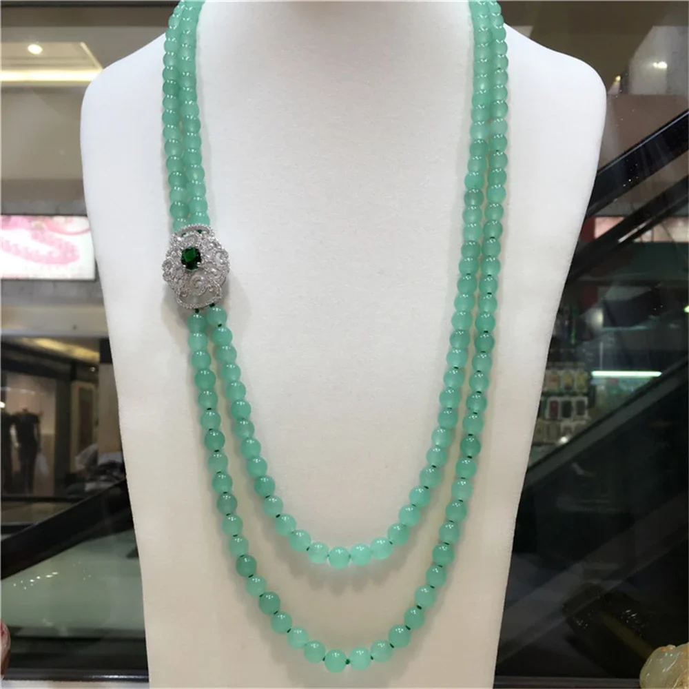 Natural dongling green jade beads multilayer micro inlay zircon clasp long necklace sweater chain  fashion jewelry