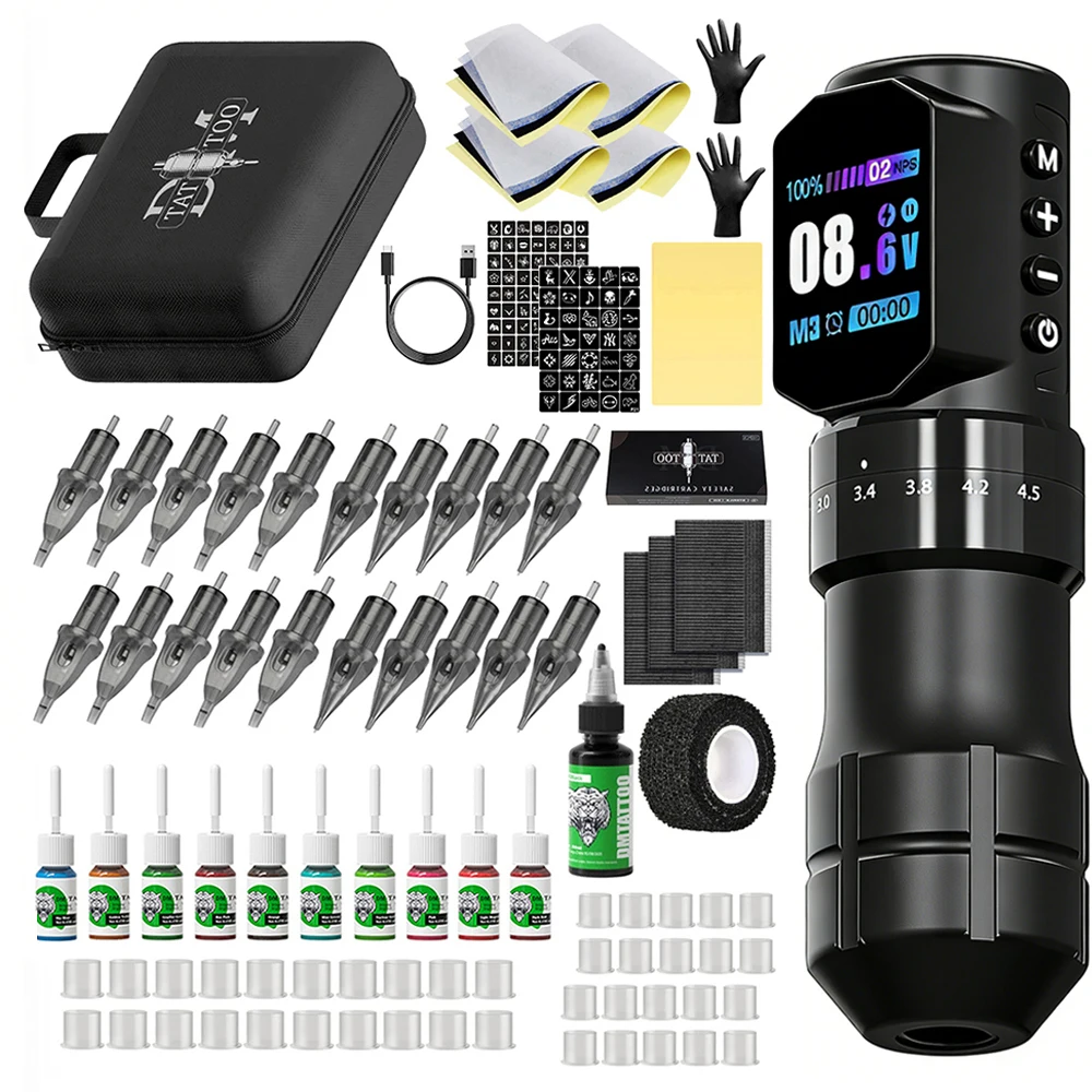 

Профессиональный комплект тату-машины, беспроводная ручка для татуировки с регулируемым ходом, бессердечный бесщеточный двигатель с иглой для татуировки, чернила для татуировки