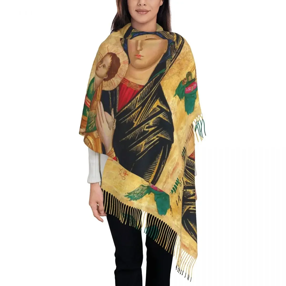 Lady Large Our Lady Of Perpetual Help Scarves Women Winter Thick Warm Tassel Shawl Wrap Roman Catholic Virgin Mary Scarf